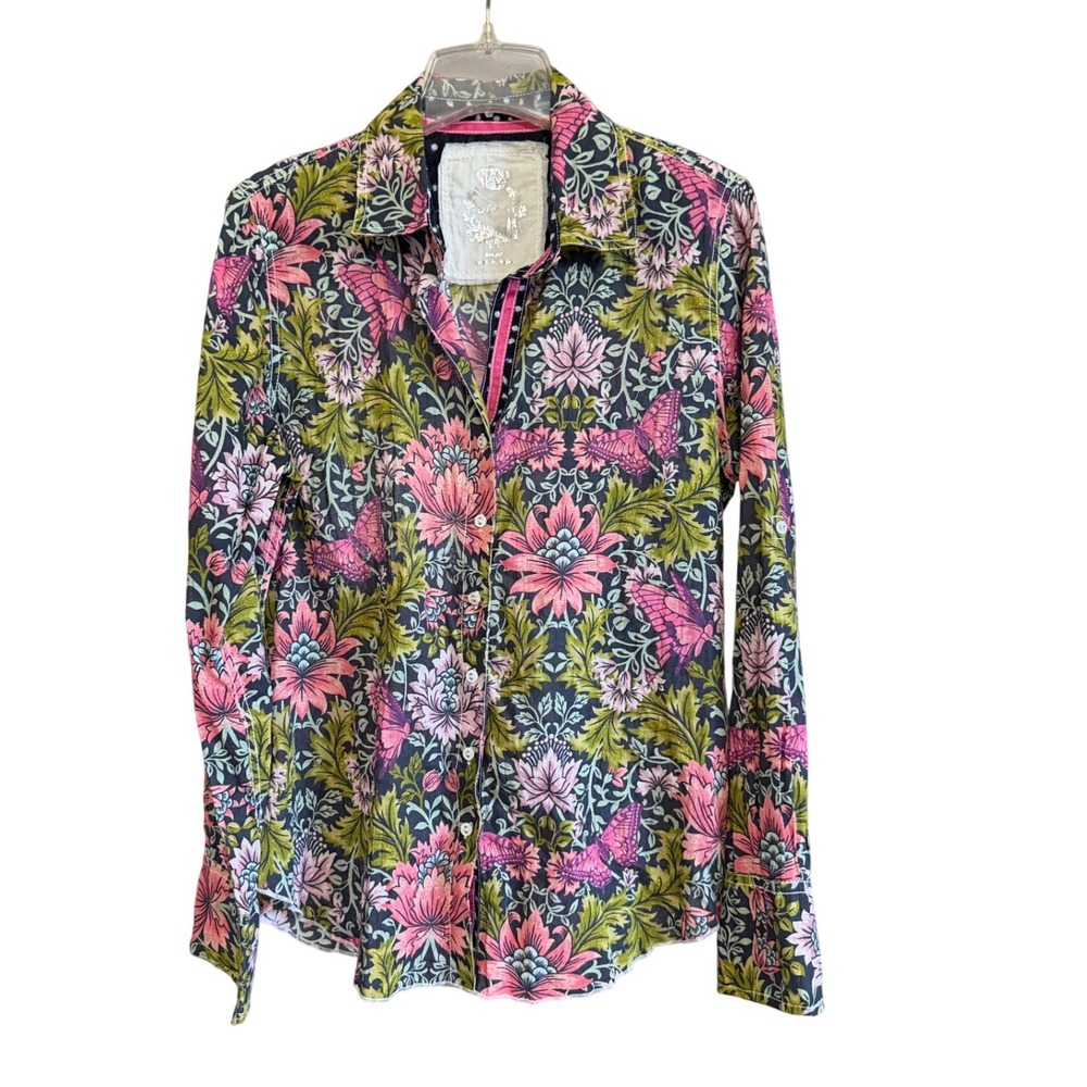 Cino Sundance Button Down Shirt Womens S Navy Pink Floral Butterfly Boho Blouse